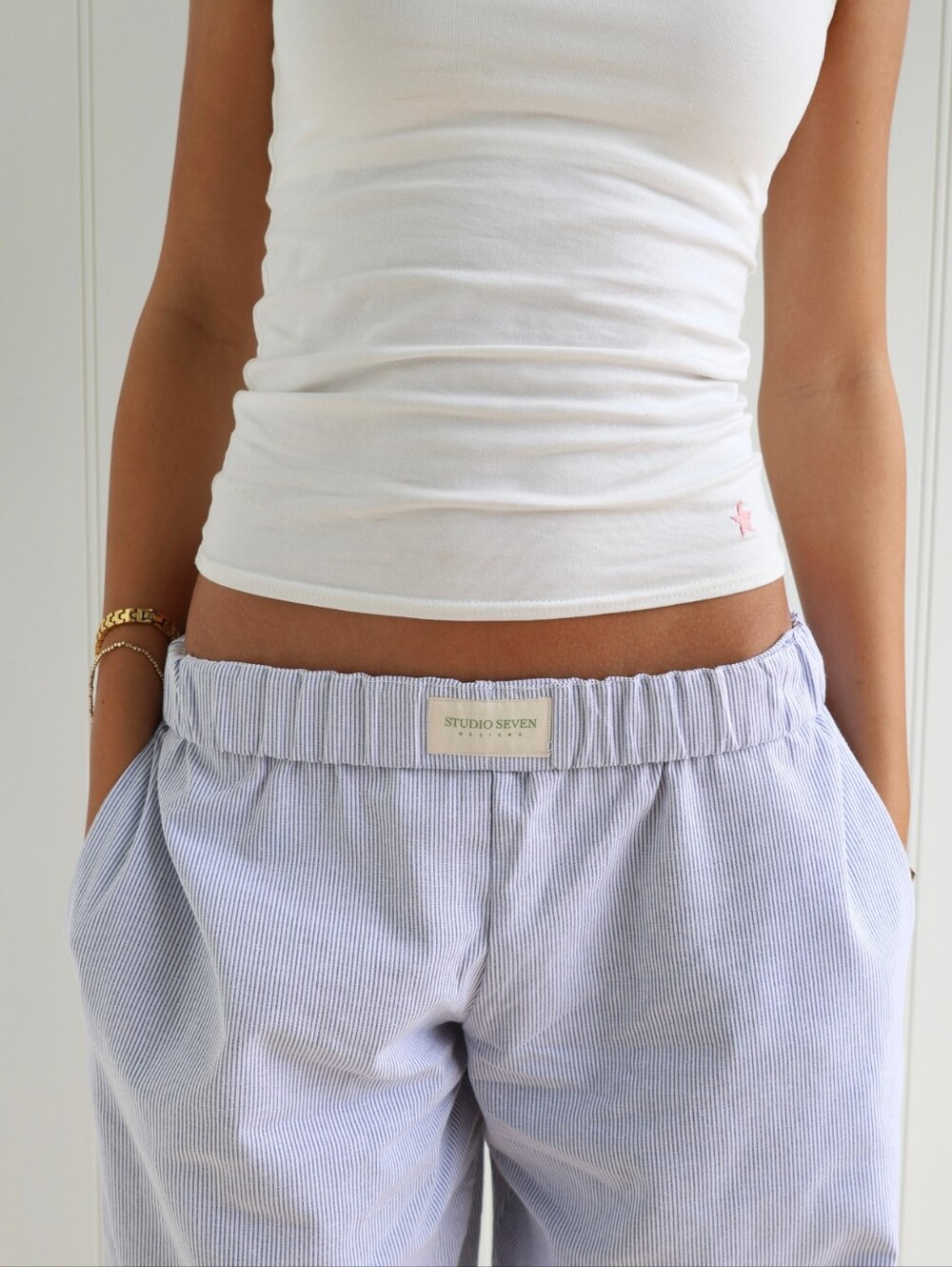 Studio Seven Designs Blue Stripe Poplin Cotton Foldover Lila Lounge Pants Sm — image 6 of 8